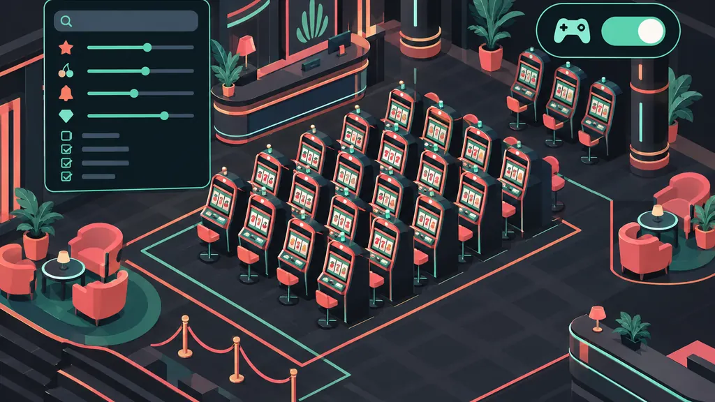 Isometric casino lobby with slot machines and filter panel