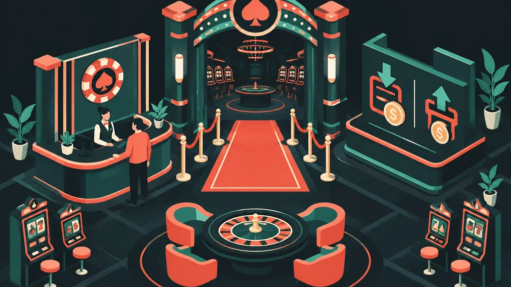 Isometric casino lobby with welcome banner and payment symbols